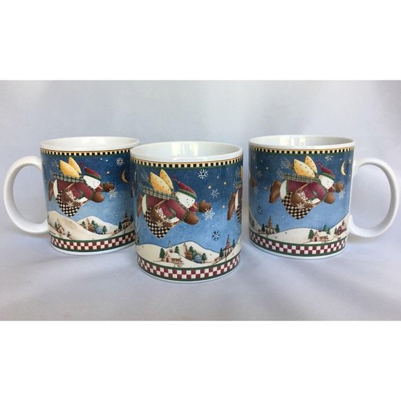 3 Sakura Snow Angel Village Coffee Mugs Debbie Mumm Cups Snowman Christmas - Picture 1 of 11